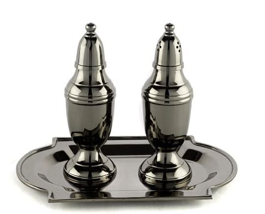 Füme Metal Tepsili Tuzluk Biberlik Seti 18x12x13cm