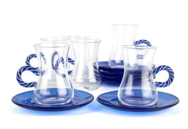 6lı Mavi Kulplu Cam Çay Seti